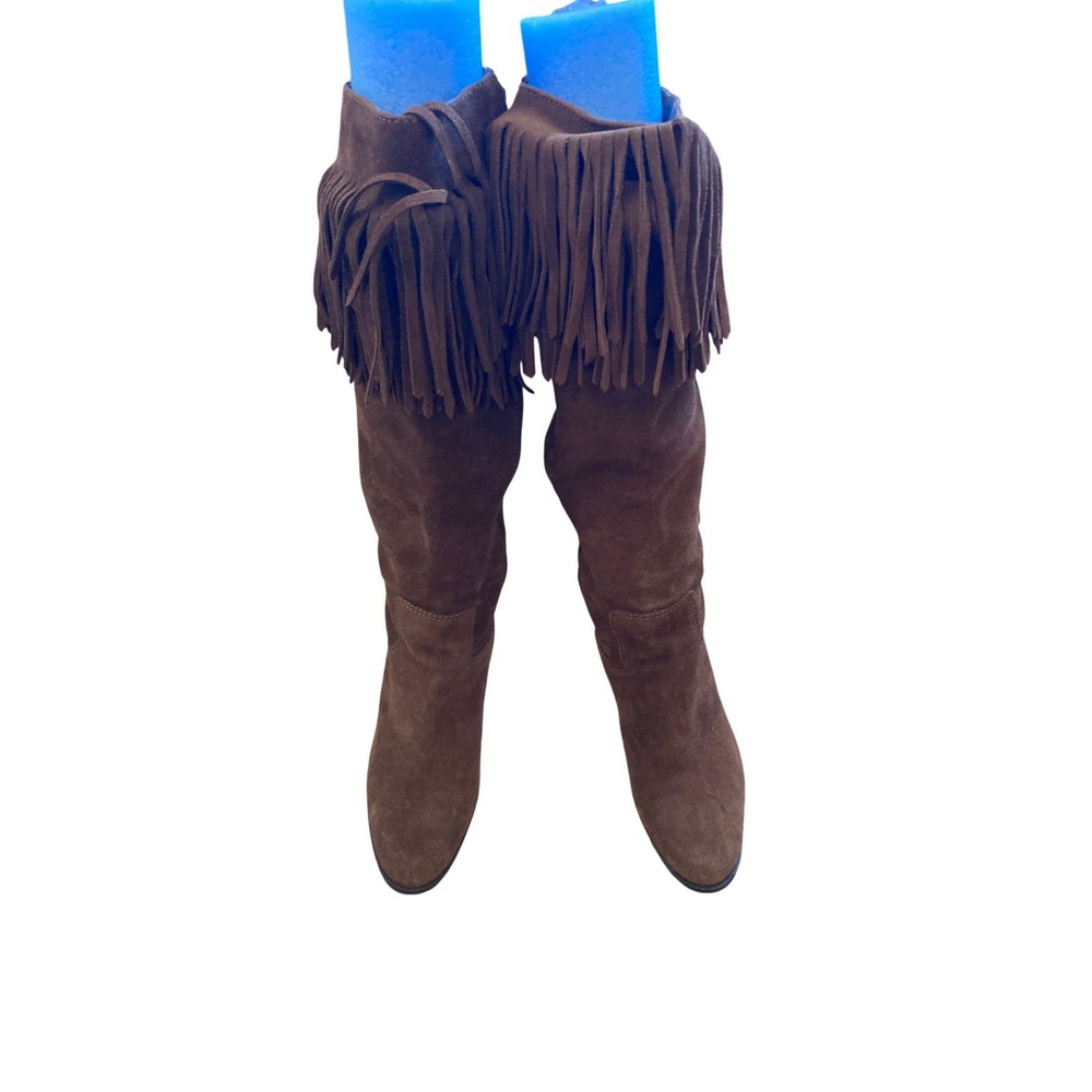 Matisse Brown Suede Fringe Tall Boots Pointed Toe Side‎ Zip Brazil Womens 6.5